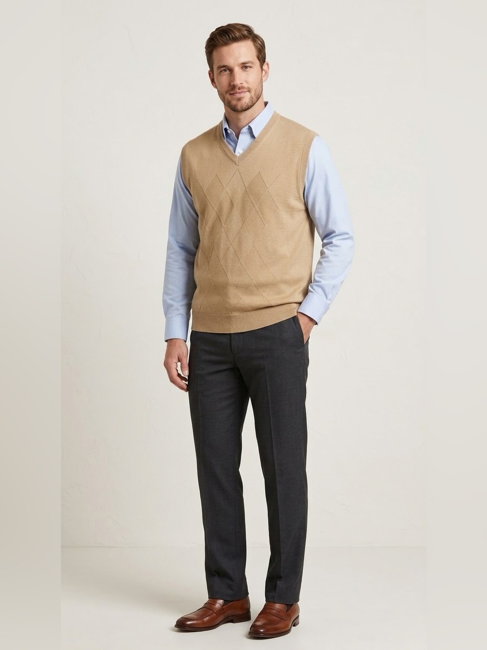 Alan Flusser Knit Tan V-Neck 100% Cotton Sweater Vest Size XXL
